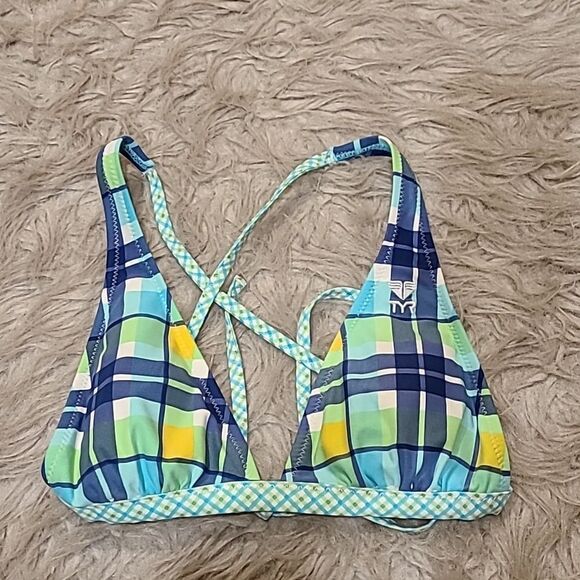 TYR womens yellow, green, light blue‎ and navy blue plaid swimsuit top - Picture 1 of 4